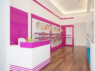 Thiết kế cửa hàng thời trang trẻ em đẹp, màu sắc.