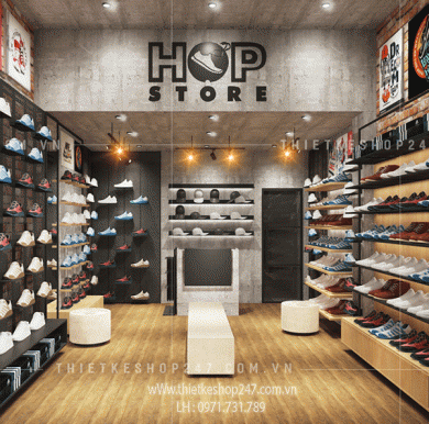 Thiết kế shop giày dép đẹp không gian rộng mở.