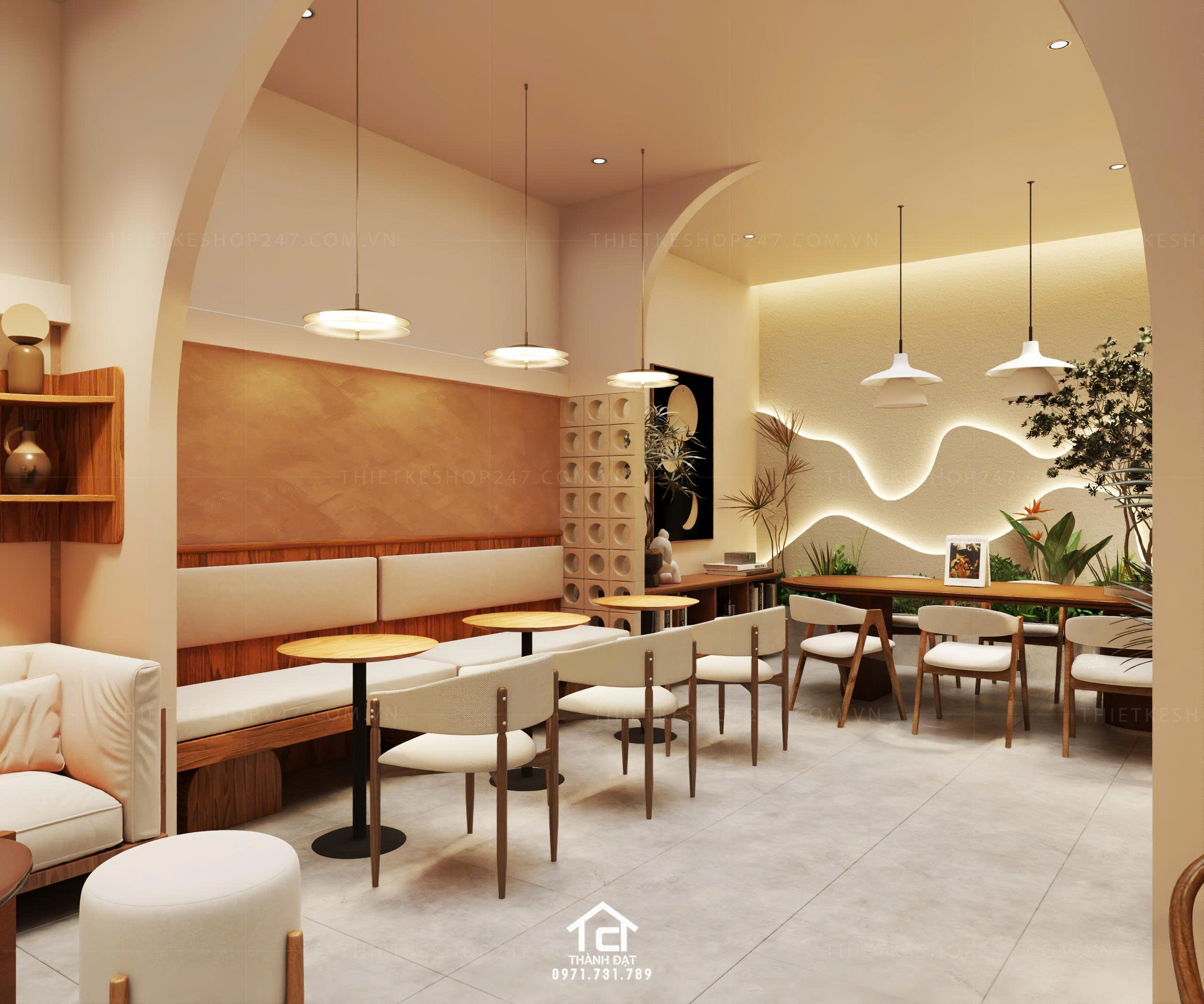 Thiết kế quán cafe đẹp rộng lớn