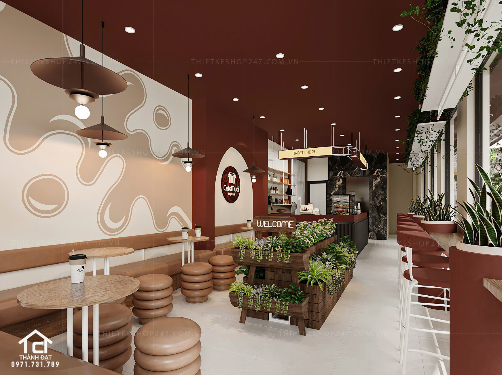 thiết kế quán cafe đẹp màu sắc