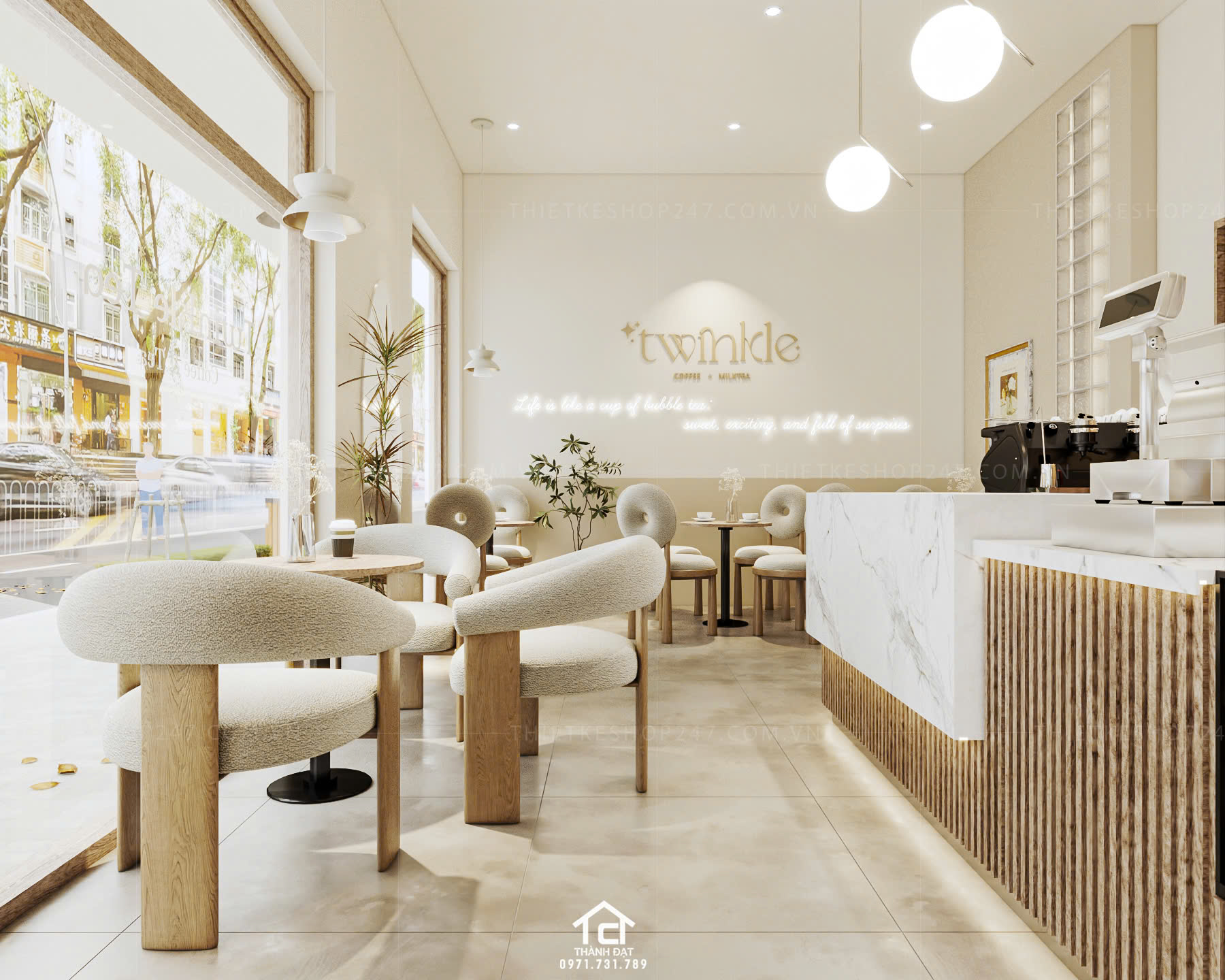 Thiết kế quán trà sữa, cafe đẹp rộng lớn
