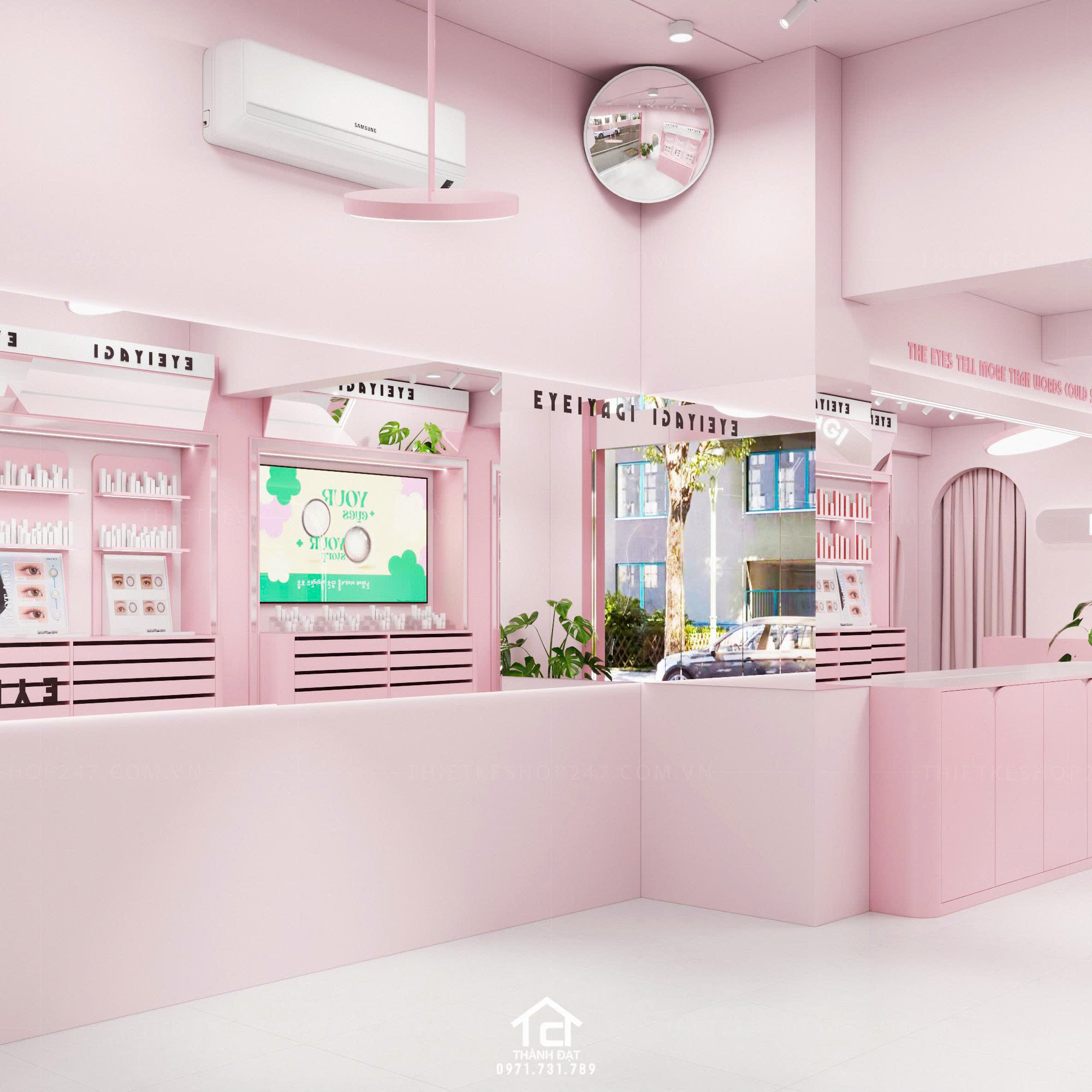 thiết kế shop len kính đẹp màu sắc