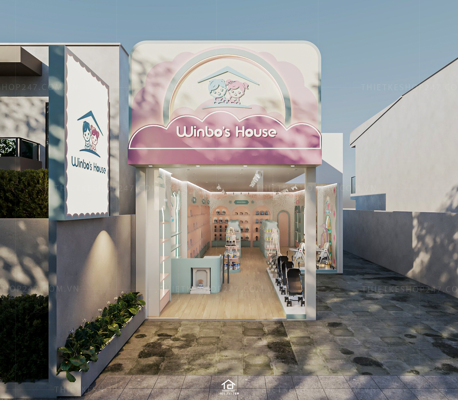 thiết kế cửa hàng mẹ và bé đẹp bắt mắt