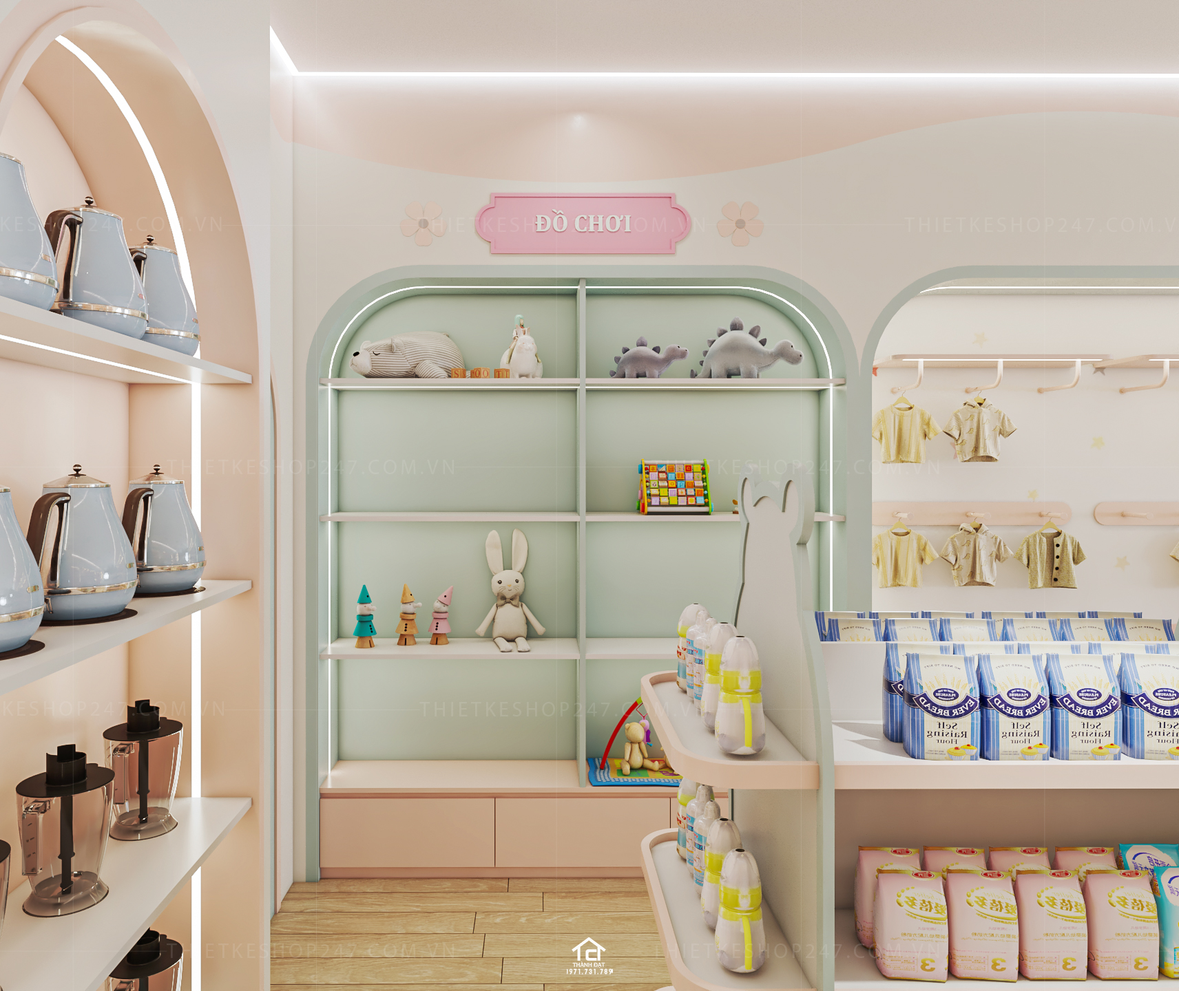 thiết kế cửa hàng mẹ và bé đẹp nhiều màu sắc