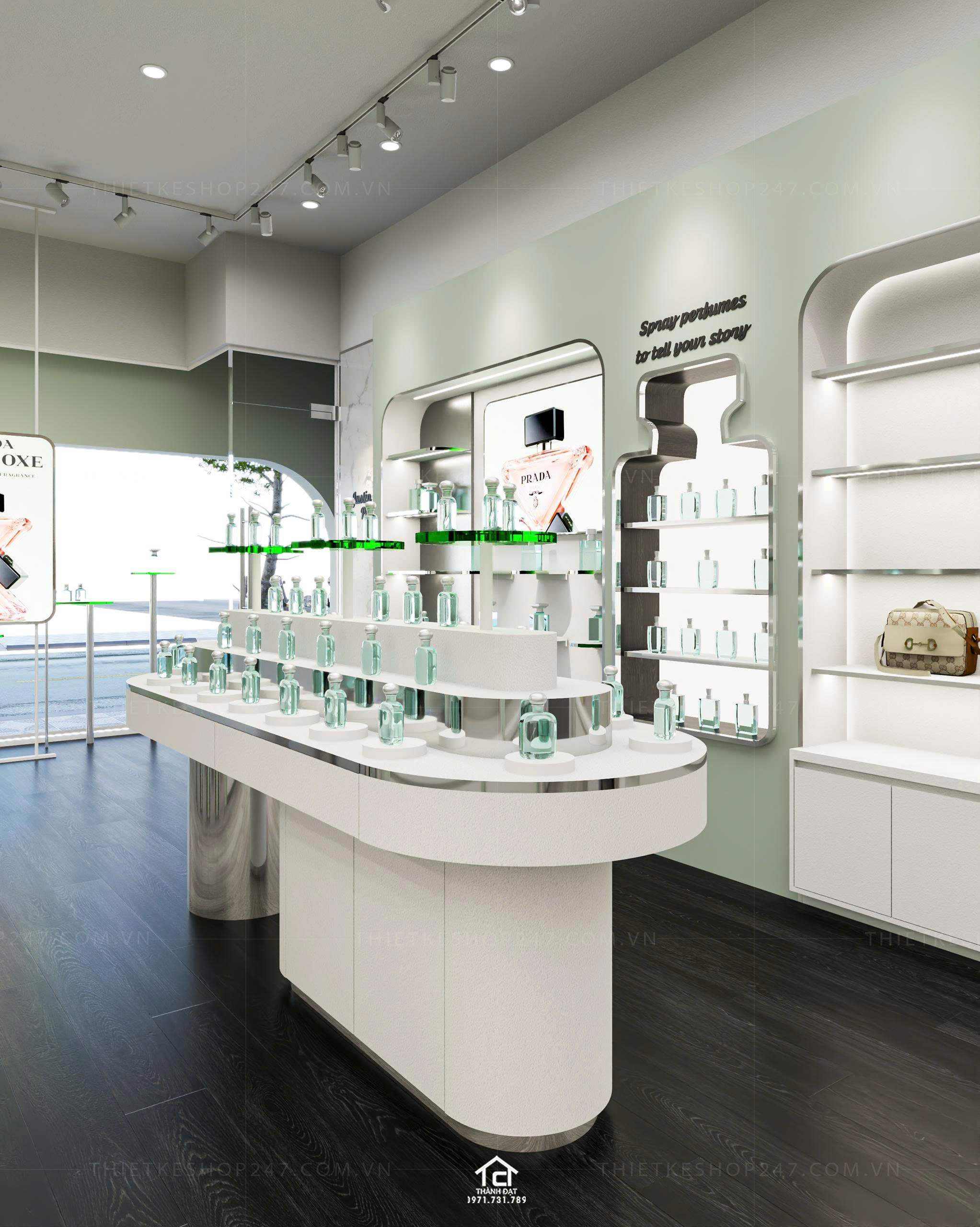 thiết kế shop mỹ phẩm, nước hoa đẹp bắt mắt