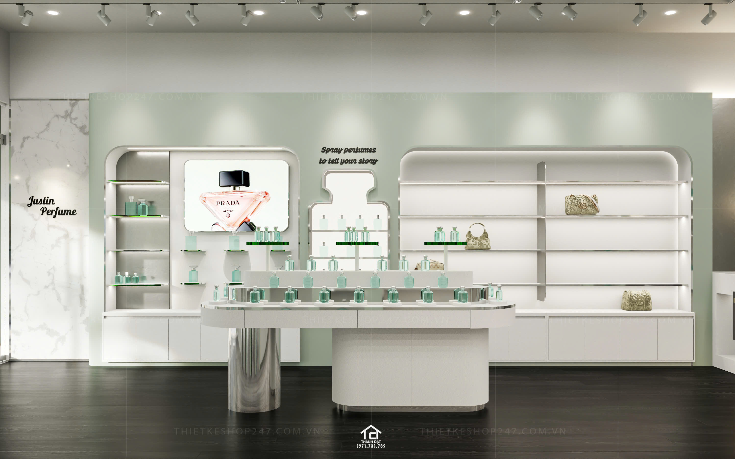 thiết kế shop mỹ phẩm, nước hoa đẹp rạng ngời