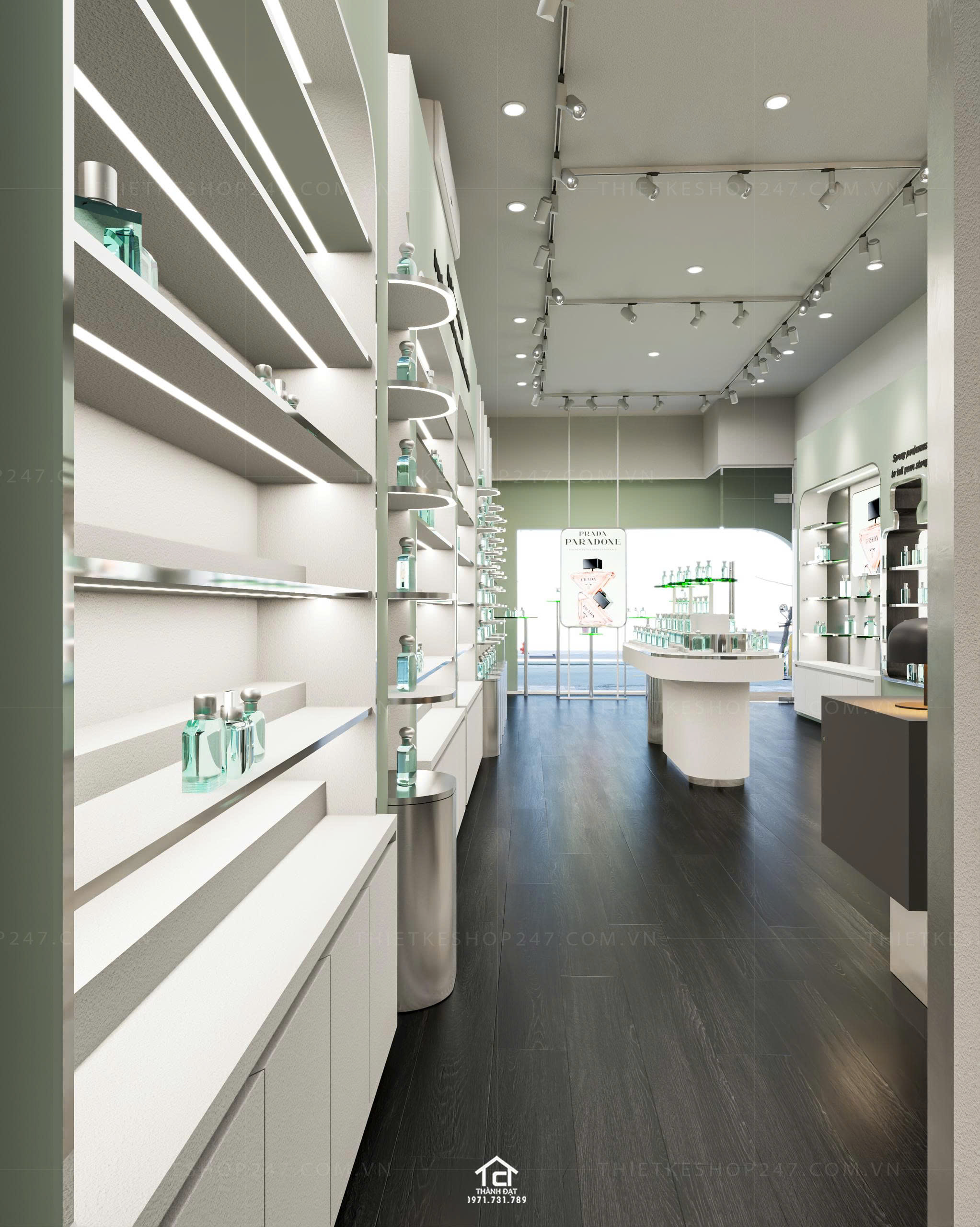 thiết kế shop mỹ phẩm, nước hoa đẹp sinh động