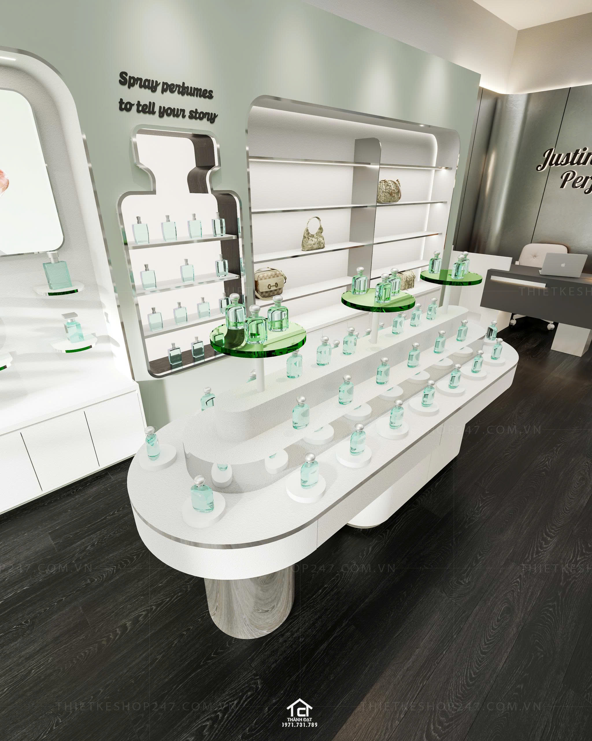 thiết kế shop mỹ phẩm, nước hoa đẹp trẻ trung