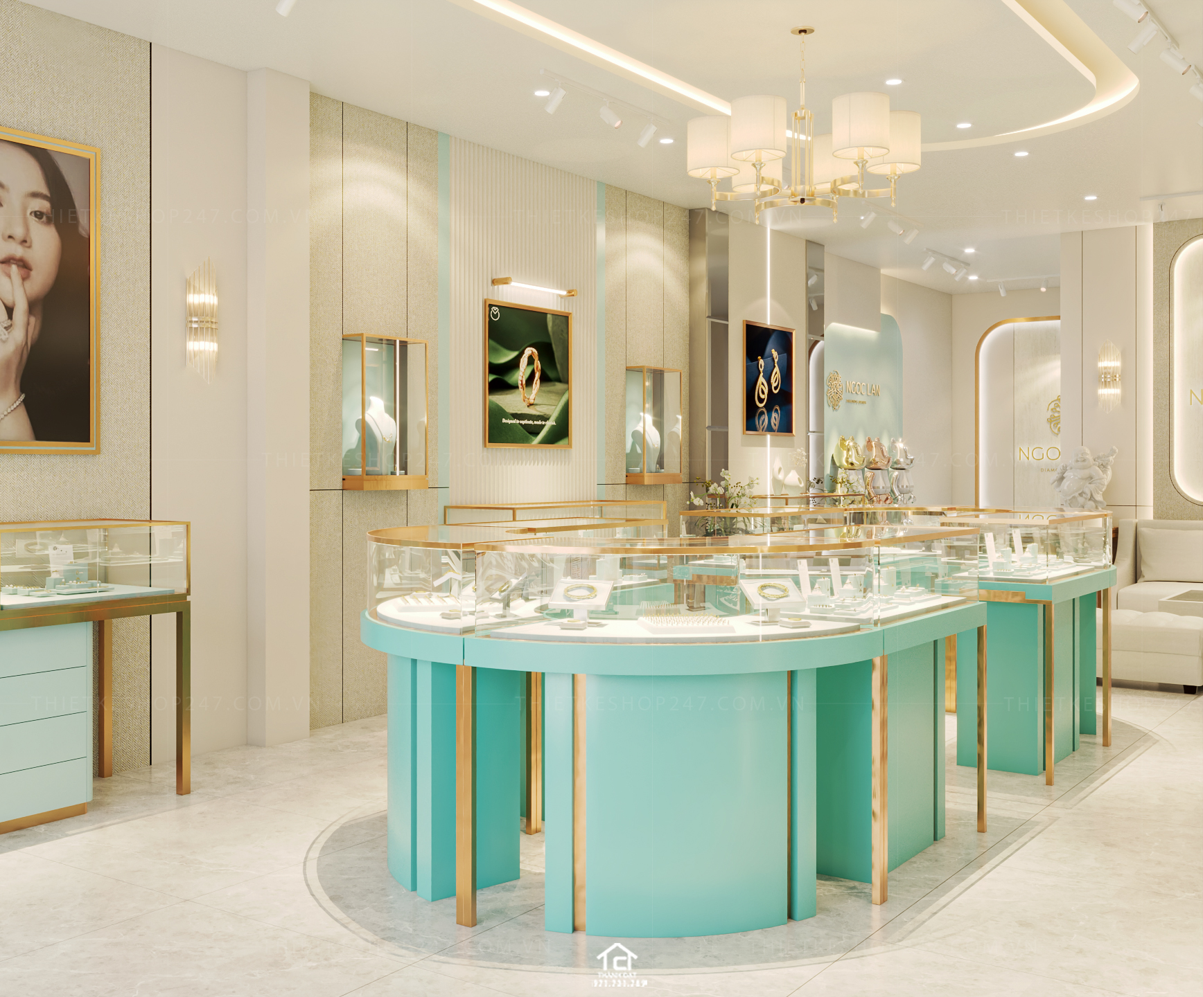 Thiết kế tiệm vàng, kim cương đẹp dịu dàng