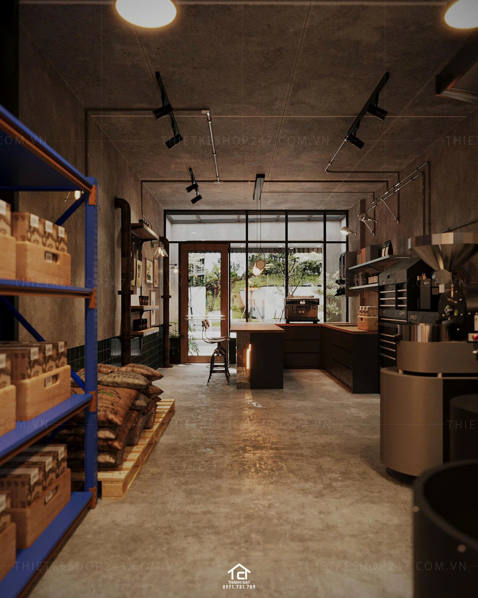 thiết kế xưởng rang cafe đẹp phong cách