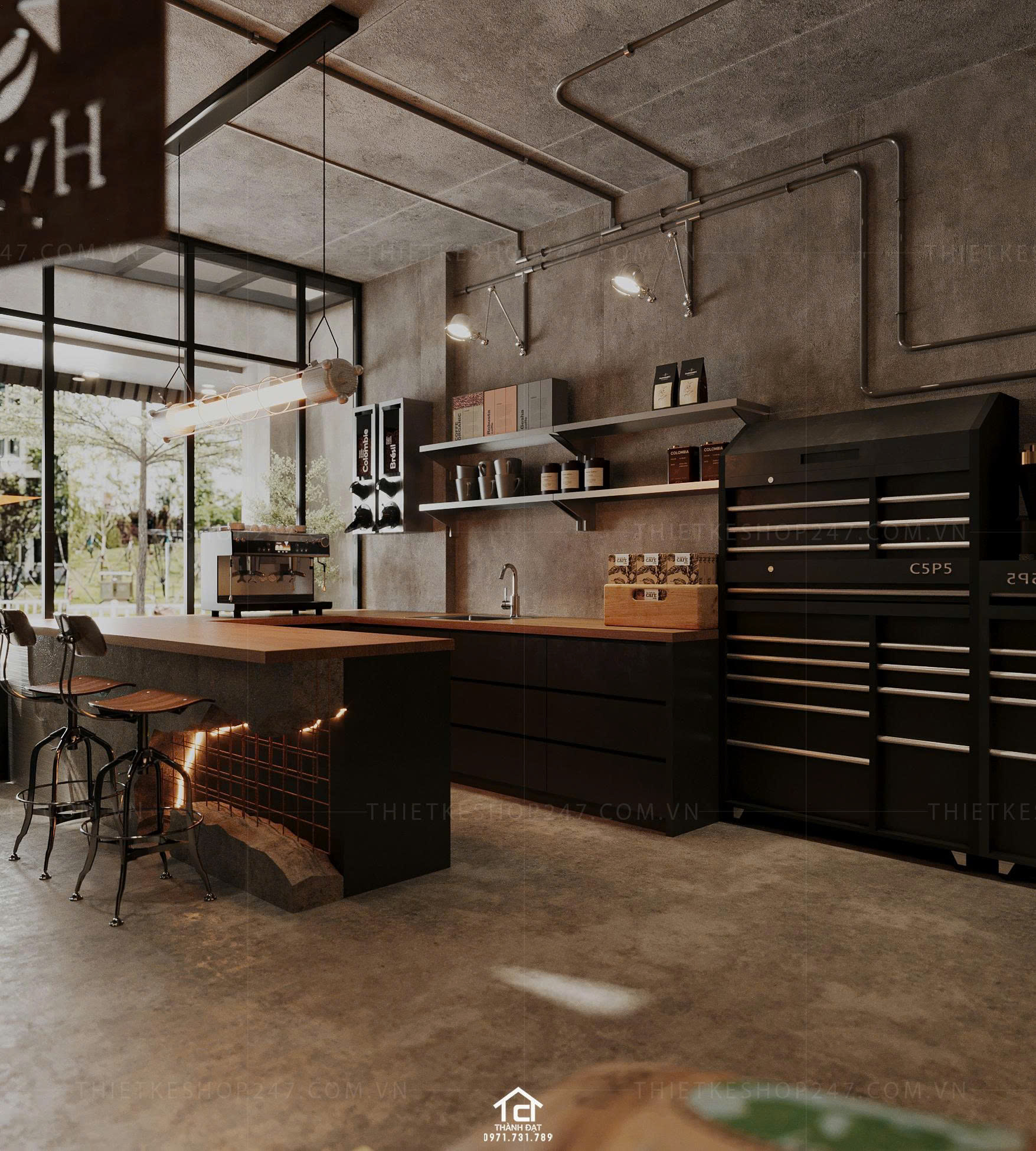 thiết kế xưởng rang cafe đẹp sang trọng