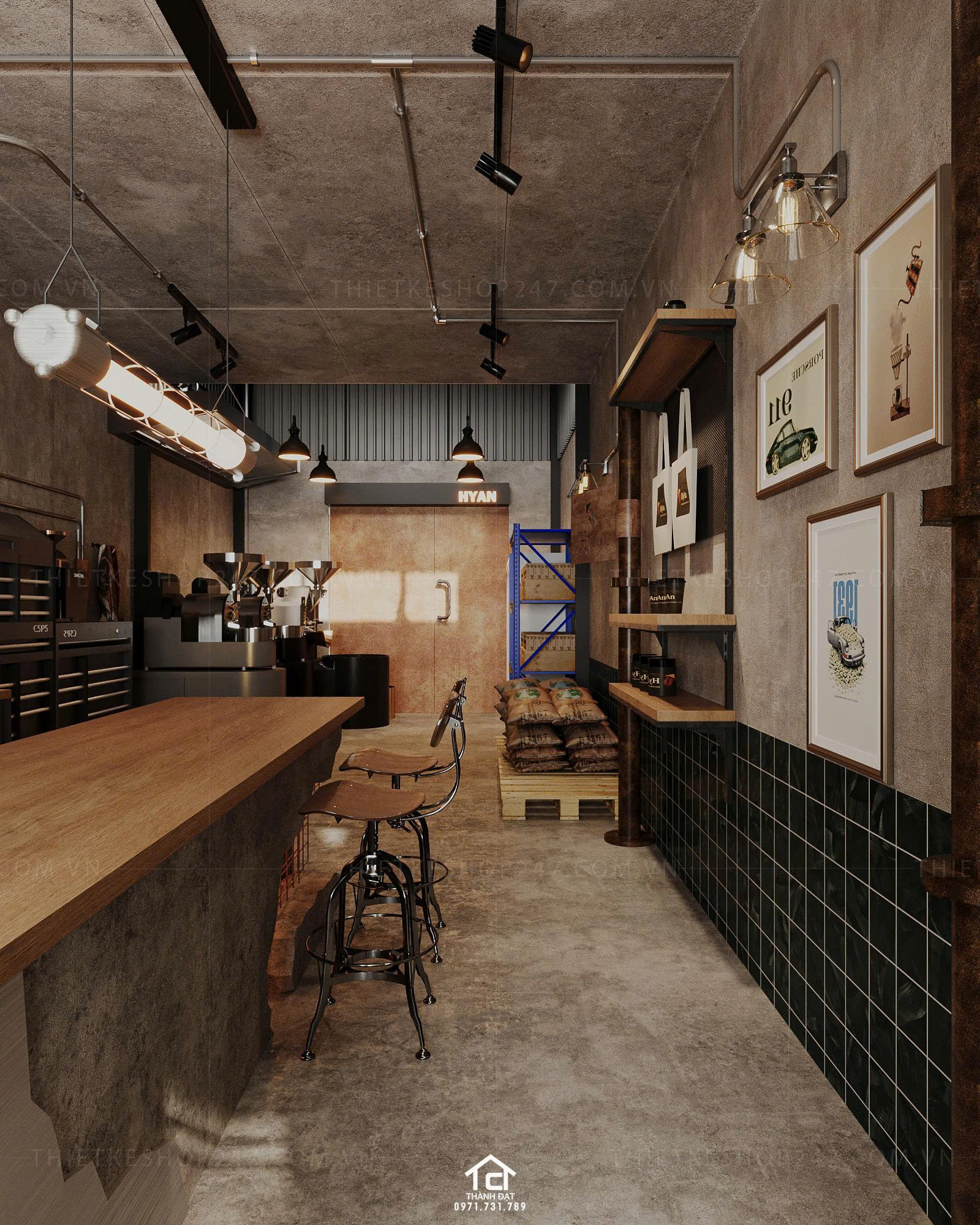 thiết kế xưởng rang cafe đẹp sinh động